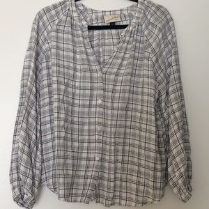 Plaid black and white loose button up blouse